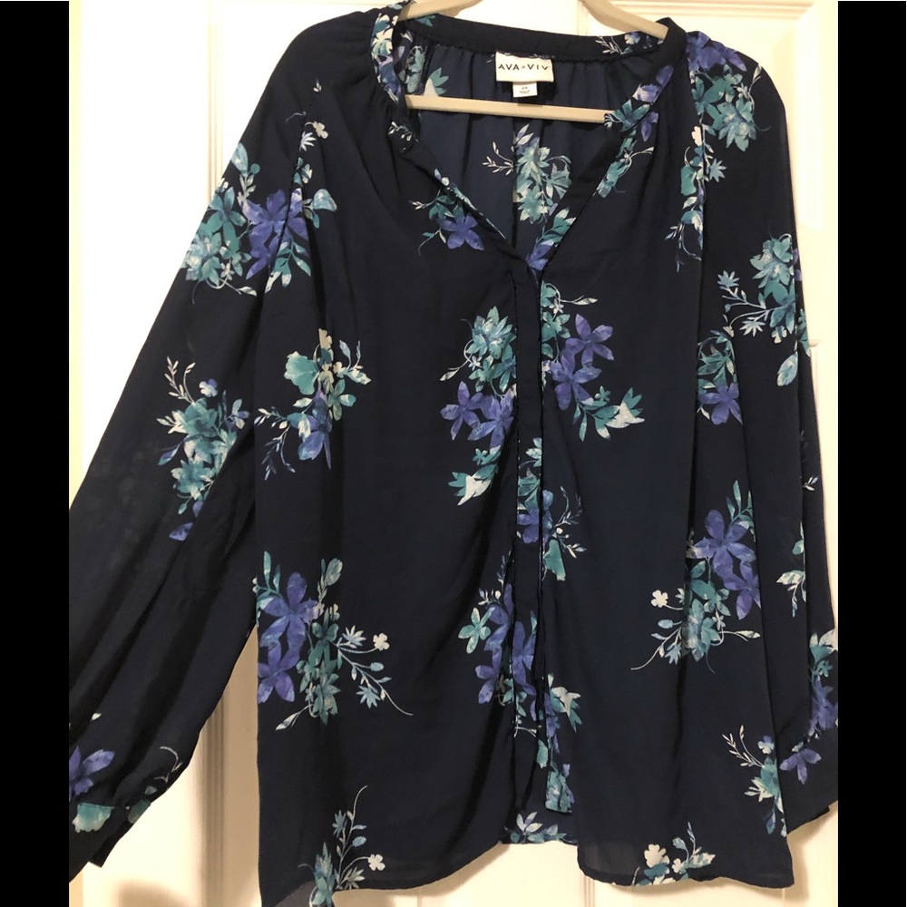 Target Ava Viv Navy Blue Floral Chiffon Blouse